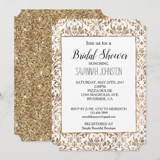 Invitación Elegante ducha de Moda blanca de oro Damask Bridal (Anverso / Reverso)
