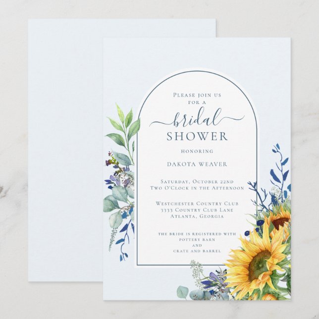 Invitación Elegante ducha de novia amarilla azul girasol (Anverso / Reverso)