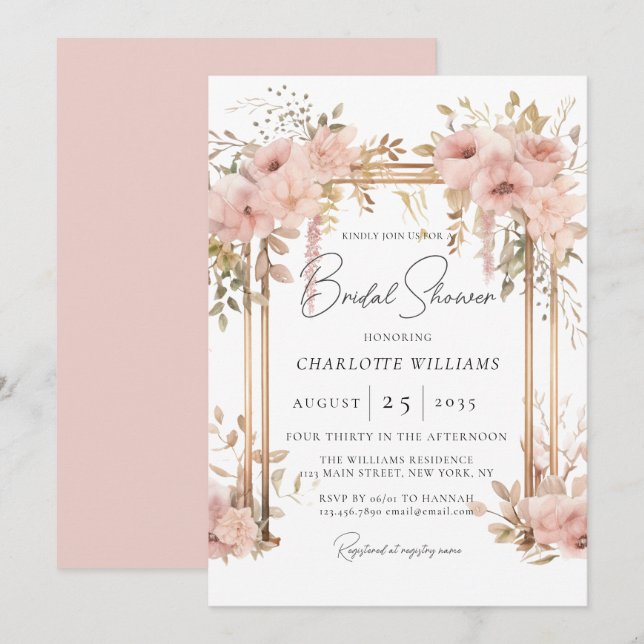 Invitación Elegante ducha de novia arco floral rosa (Anverso / Reverso)