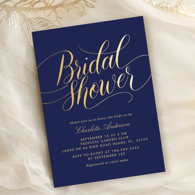 Invitación Elegante ducha de novia azul de la Marina de Oro (Subido por el creador)