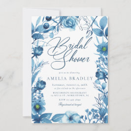 Invitación Elegante ducha de novia azul floral