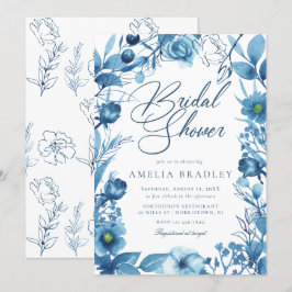 Invitación Elegante ducha de novia azul floral