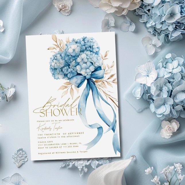 Invitación Elegante ducha de novia azul Hydrangea Bow (Subido por el creador)