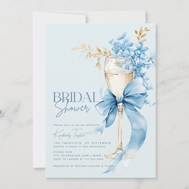 Invitación Elegante ducha de novia azul Hydrangea Bow (Anverso)