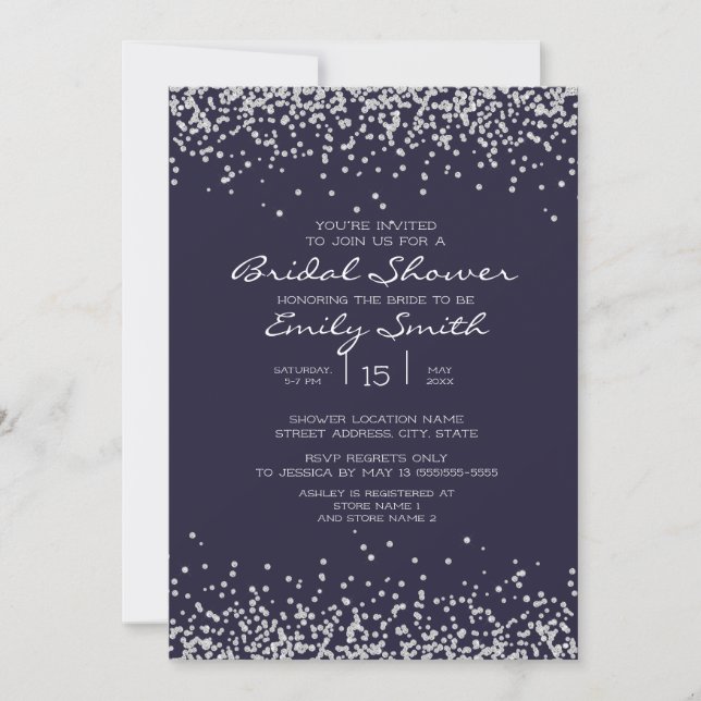 Invitación Elegante ducha de novia azul marino con brillo pla (Anverso)