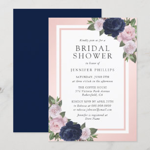 Invitación Elegante ducha de novia azul Rubor color rosa flor