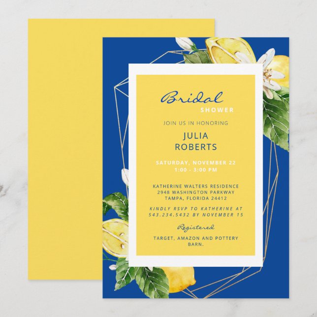 Invitación Elegante ducha de novia azul y amarillo mediterrán (Anverso / Reverso)