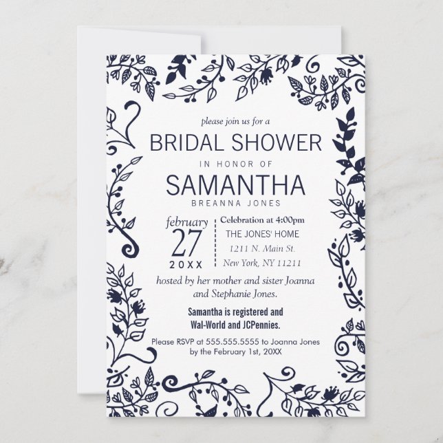 Invitación Elegante ducha de novia azul y blanca floral de la (Anverso)