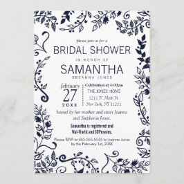 Invitación Elegante ducha de novia azul y blanca floral de la