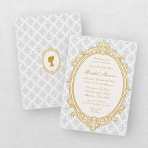 Elegante Ducha de Novia Azul y Dorado en Damask