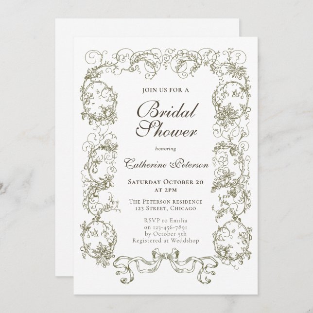 Invitación Elegante ducha de novia beige-blanco-ornato (Anverso / Reverso)