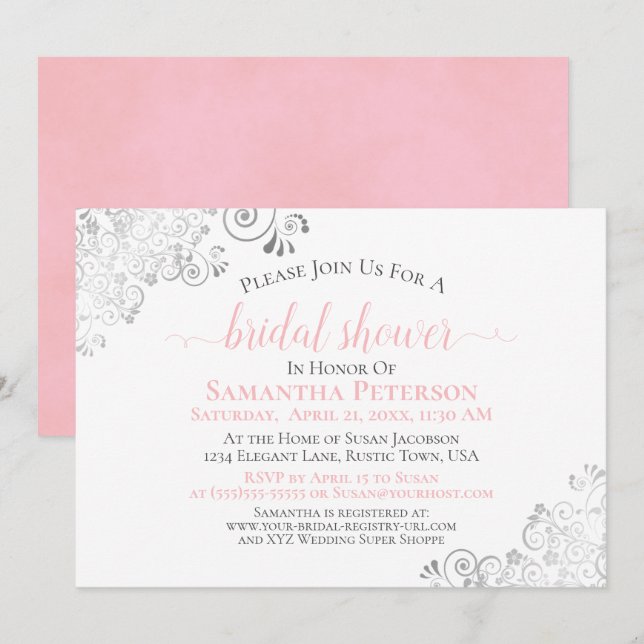 Invitación Elegante ducha de novia blanca de encaje rosado co (Anverso / Reverso)
