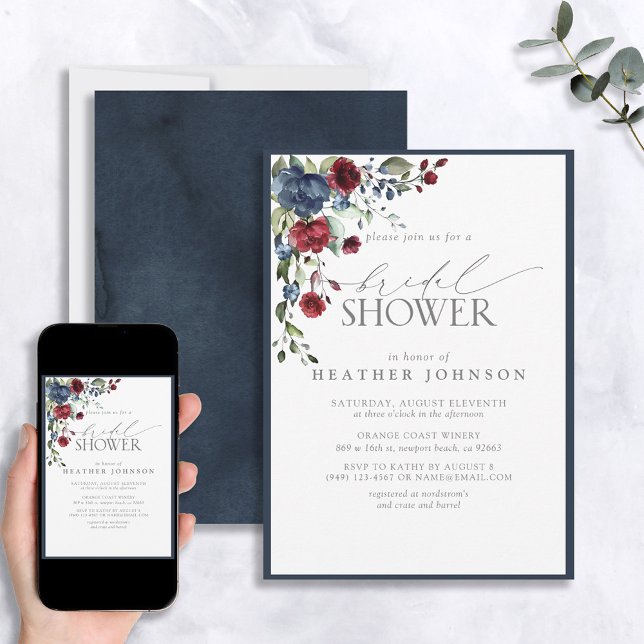 Invitación Elegante ducha de novia botánica azul borgoña de l (Subido por el creador)