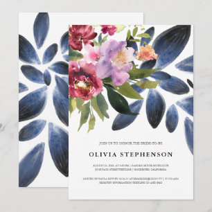 Invitación Elegante ducha de novia botánica azul de la Marina