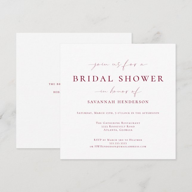 Invitación Elegante ducha de novia clásica de Borgoña (Anverso / Reverso)