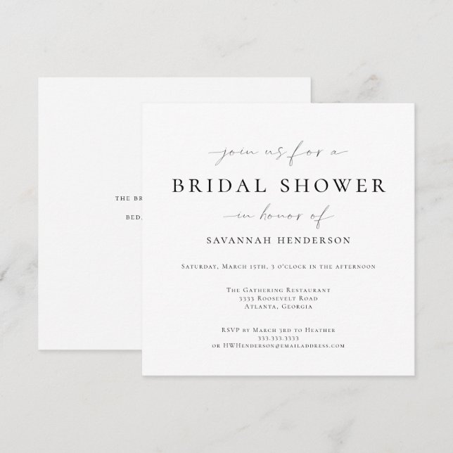 Invitación Elegante ducha de novia clásica negra (Anverso / Reverso)
