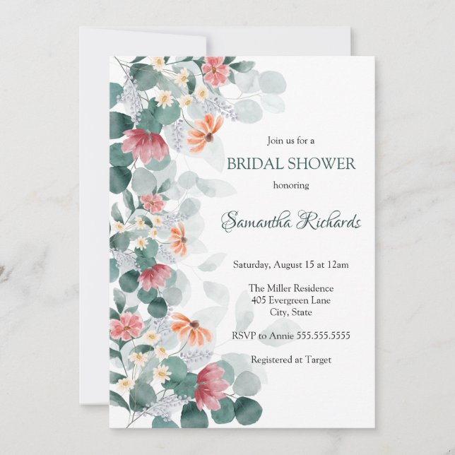 Invitación Elegante ducha de novia color agua verde (Anverso)