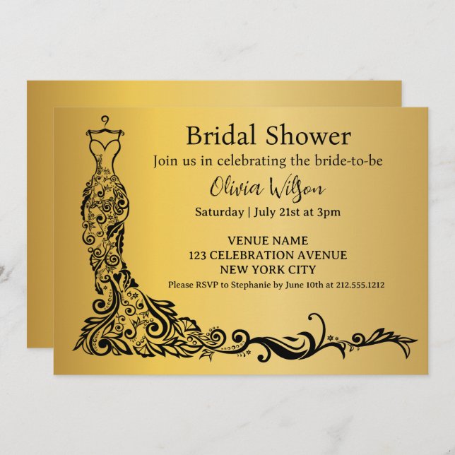 Invitación Elegante ducha de novia con bata floral de oro (Anverso / Reverso)