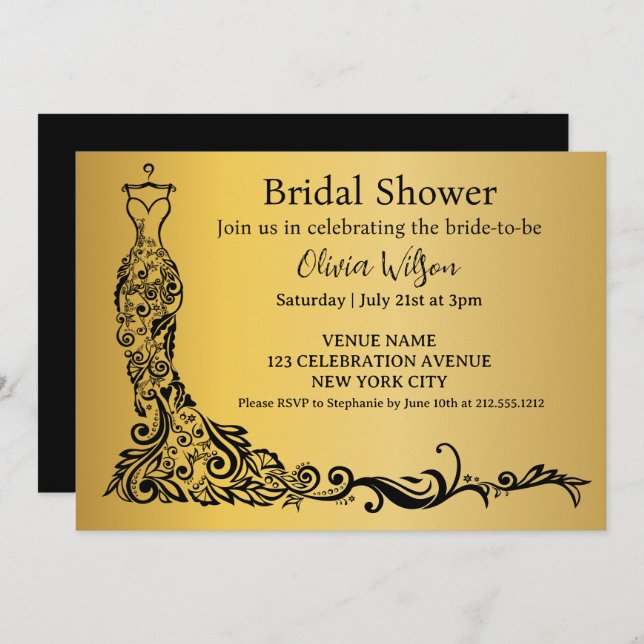 Invitación Elegante ducha de novia con bata floral de oro (Anverso / Reverso)