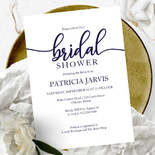 Invitación Elegante ducha de novia con caligrafía blanca azul