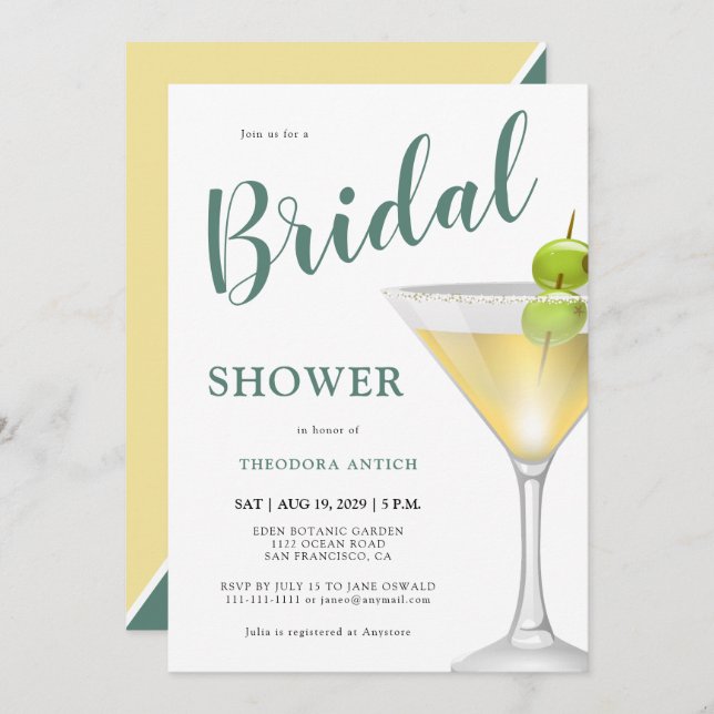 Invitación Elegante ducha de novia con cristal de cóctel (Anverso / Reverso)