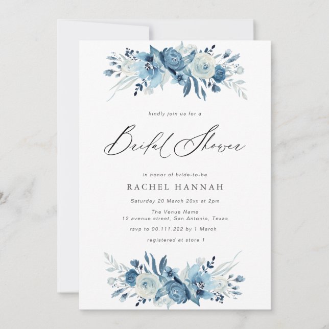 Invitación Elegante ducha de novia con escritura floral azul (Anverso)
