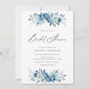 Invitación Elegante ducha de novia con escritura floral azul