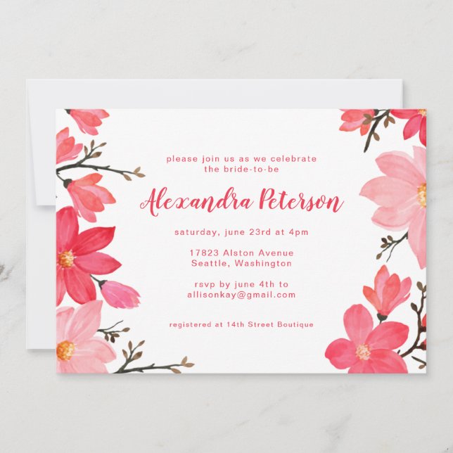 Invitación Elegante ducha de novia con escritura roja floral  (Anverso)