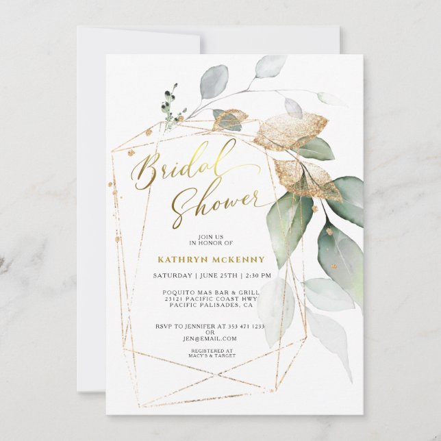 Invitación Elegante ducha de novia con eucalipto dorado (Anverso)