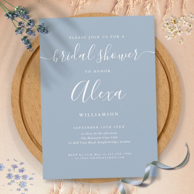 Invitación Elegante Ducha de novia con firma azul turquesa (Elegant Dusty Blue Signature Bridal Shower Invitation)