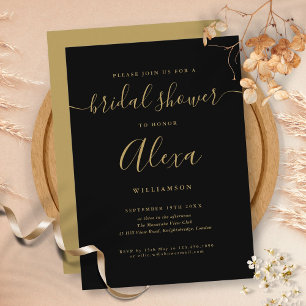Invitación Elegante Ducha de Novia con Firma en Negro y Dorad
