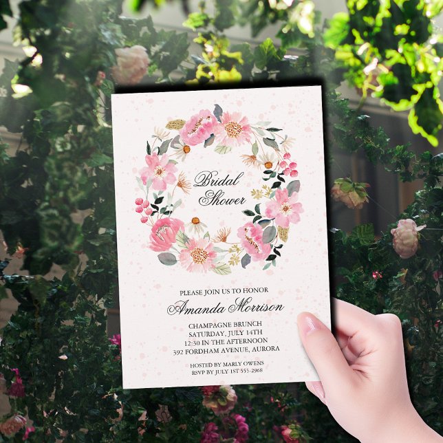 Invitación Elegante ducha de novia con flores (Elegant pink garden flowers wreath bridal shower invitations)