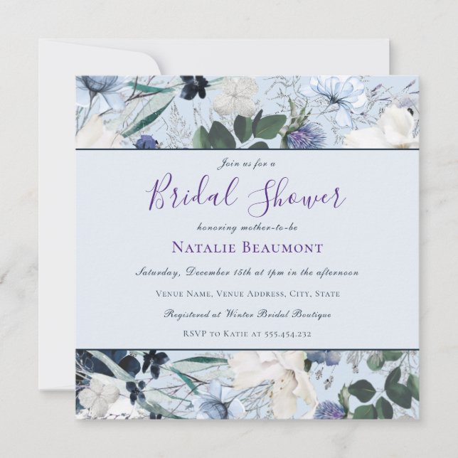 Invitación Elegante ducha de novia con flores azul y marina (Anverso)