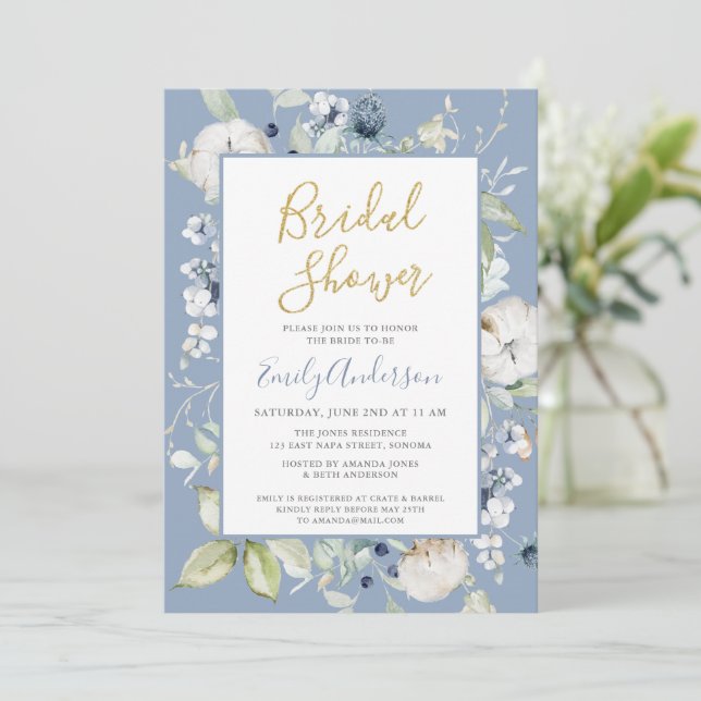 Invitación Elegante ducha de novia con flores azules agitadas (Anverso de pie)