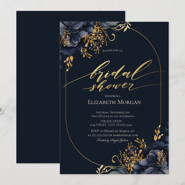Invitación Elegante ducha de novia con flores azules de la ma (Anverso / Reverso)