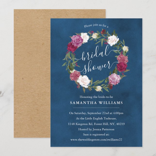 Invitación Elegante ducha de novia con flores azules de la ma (Anverso / Reverso)