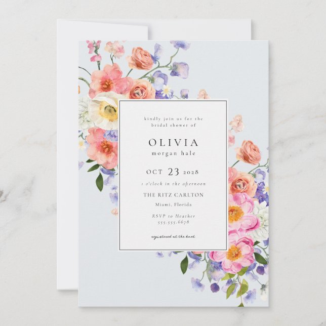 Invitación Elegante ducha de novia con flores de boho rosa (Anverso)