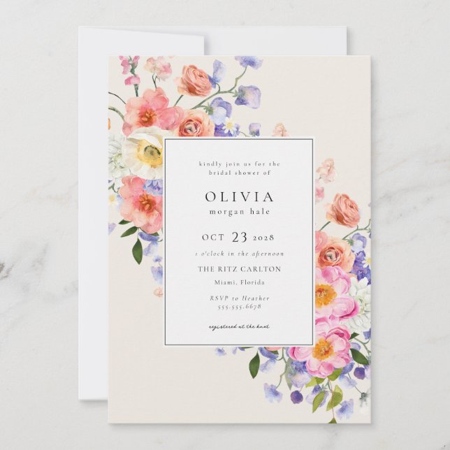 Invitación Elegante ducha de novia con flores de boho rosa (Anverso)