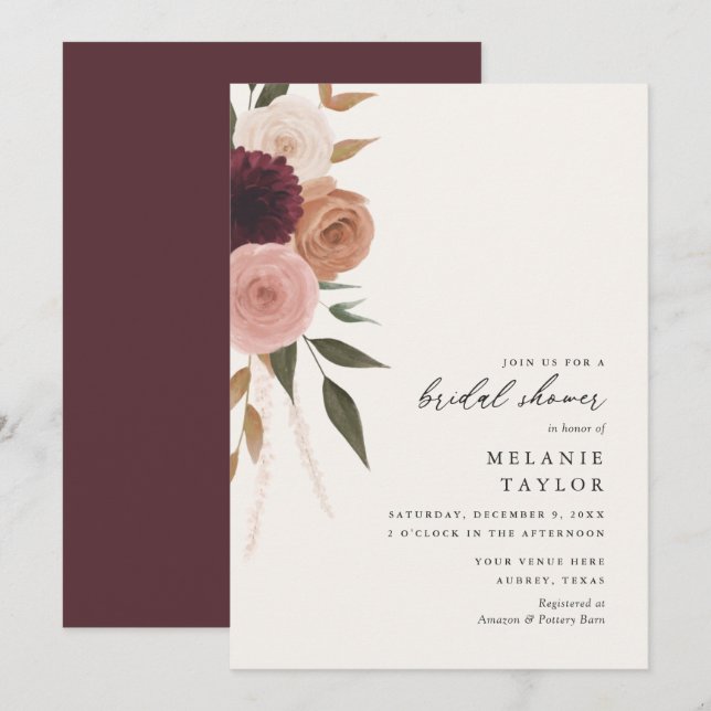 Invitación Elegante ducha de novia con flores de ciruela borg (Anverso / Reverso)