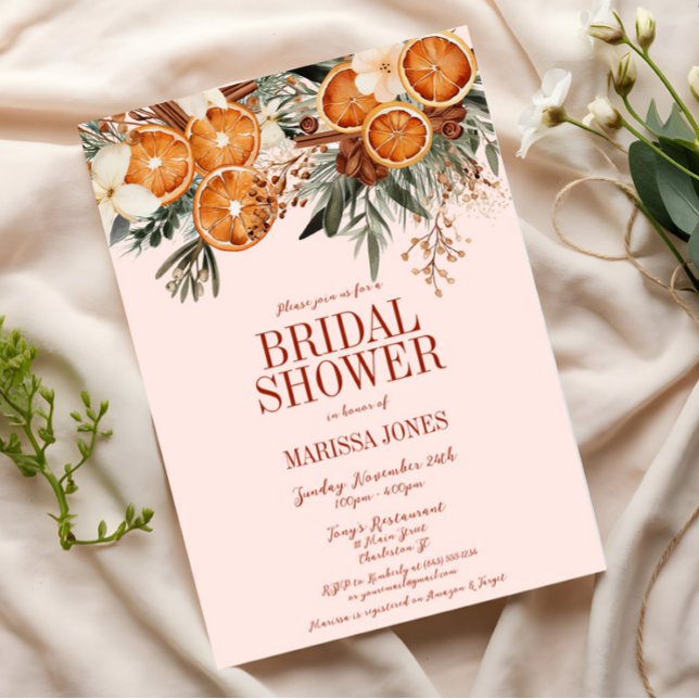 Invitación Elegante ducha de novia con flores de cítricos ros (Pink Orange Citrus Floral Bridal Shower Invitation, Christmas, Fall Autumn, Elegant Modern Wedding)