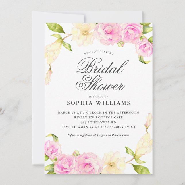 Invitación Elegante ducha de novia con flores de crema rosa (Anverso)