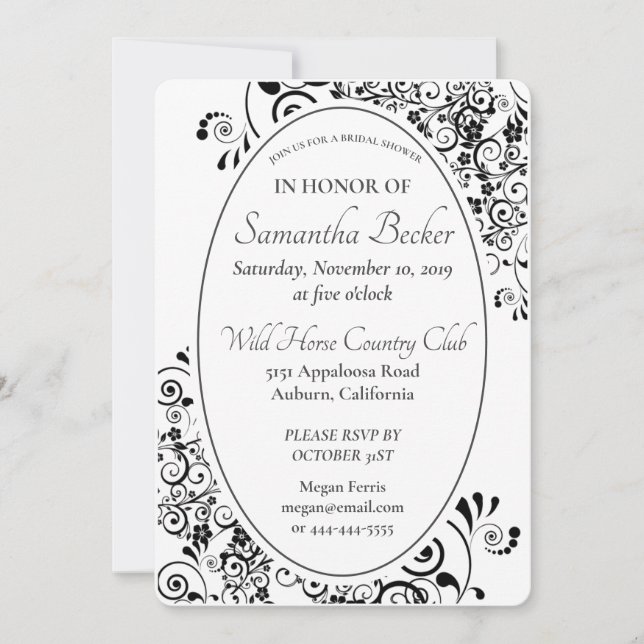 Invitación Elegante ducha de novia con flores de estilo scrol (Anverso)