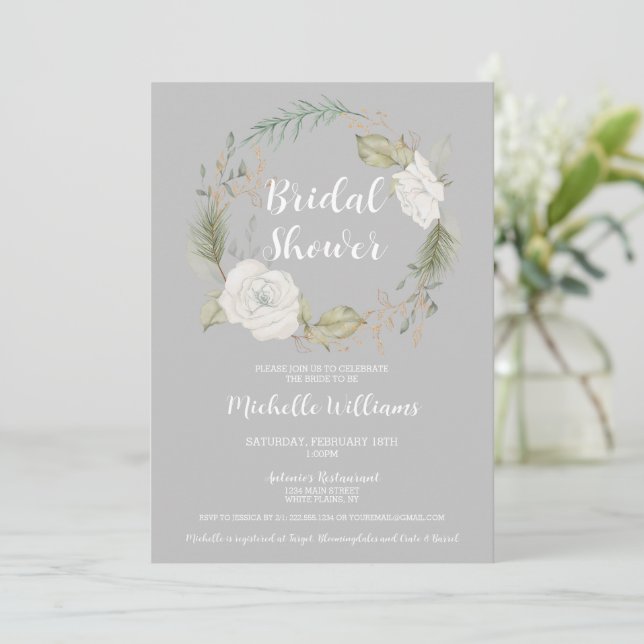 Invitación Elegante ducha de novia con flores de invierno (Anverso de pie)