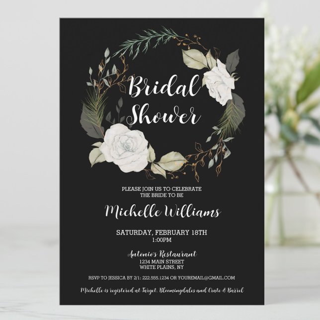Invitación Elegante ducha de novia con flores de invierno (Elegant Black and White Floral Bridal Shower Invitation)
