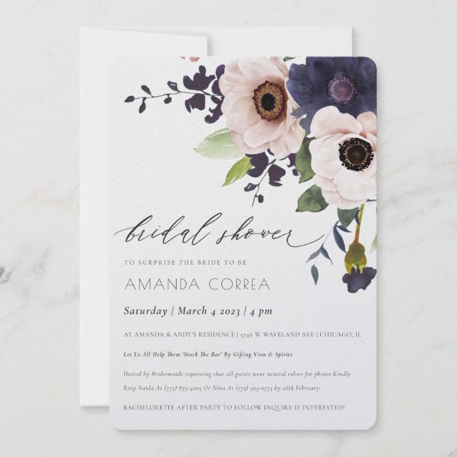 Invitación Elegante ducha de novia con flores de la marina de (Anverso)