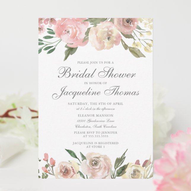 Invitación Elegante ducha de novia con flores de marfil rosad (Subido por el creador)