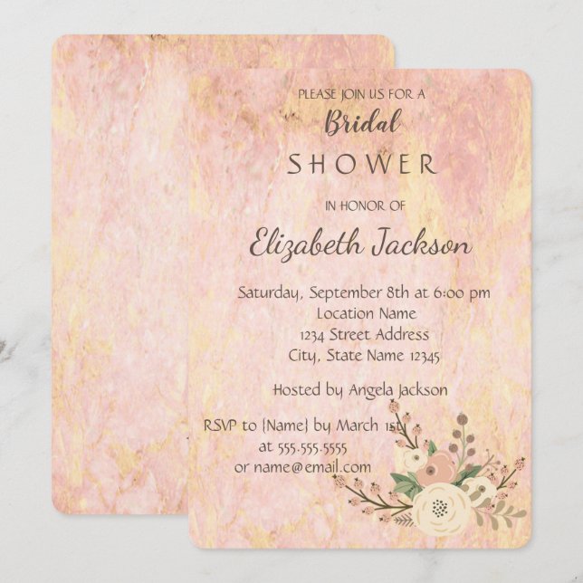 Invitación Elegante ducha de novia con flores de mármol de ro (Anverso / Reverso)