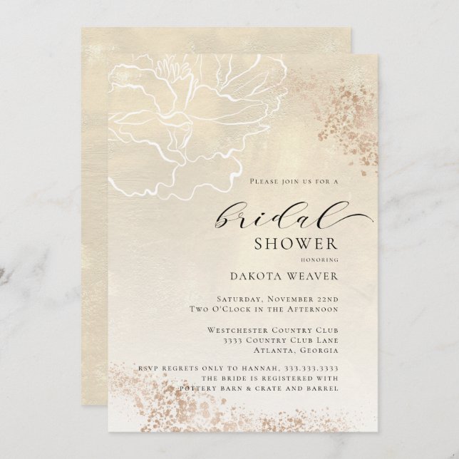 Invitación Elegante ducha de novia con flores de oro (Anverso / Reverso)