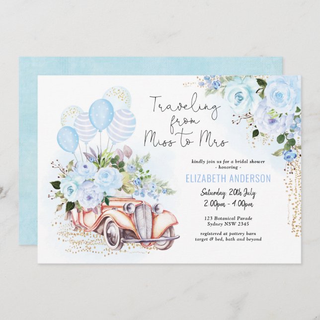 Invitación Elegante ducha de novia con flores de oro azul (Anverso / Reverso)