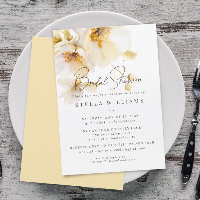 Invitación Elegante ducha de novia con flores de oro blanco y (Elegant White Yellow Gold Flower Bridal Shower Invitation)
